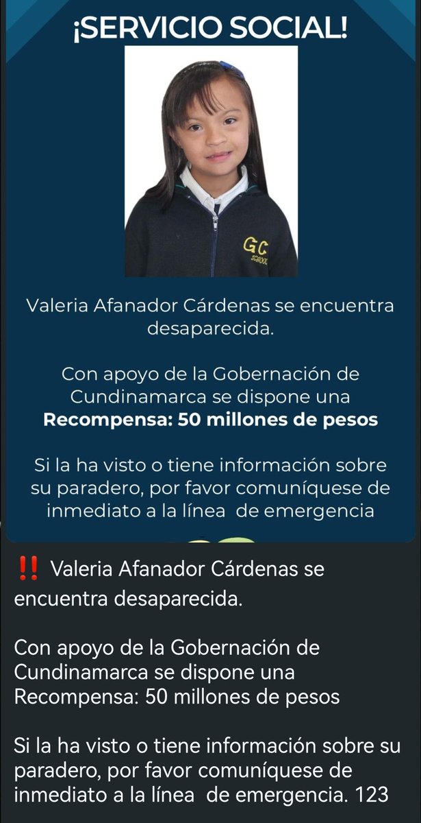 En estos momentos completamos más de 50 horas desde la desaparición de Valeria, no desfallezcamos, continuemos difundiendo hasta encontrarla sana y salva. La <a href="/alcajica/">Alcaldía de Cajicá</a> y la <a href="/CundinamarcaGob/">Gobernación de Cundinamarca</a> dispuso aumentar la recompensa a $50'000.000. Agradezco RT <a href="/MONYRODRIGUEZOF/">MÓNICA RODRÍGUEZ 🐤</a> <a href="/CeciliaLopezM/">Cecilia Lopez Montaño</a>