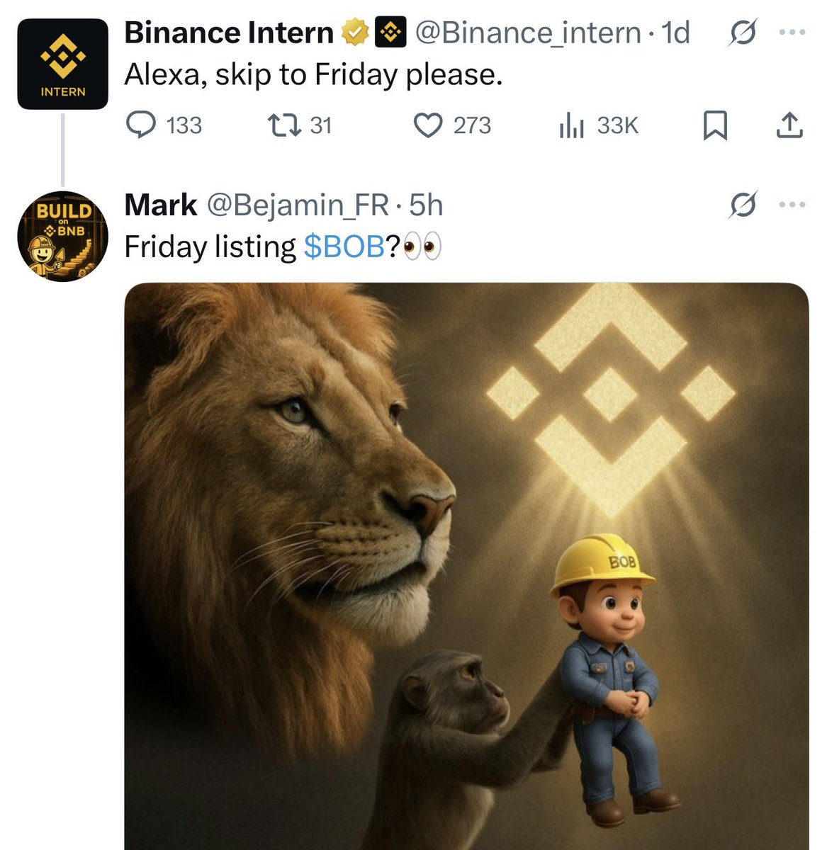 pedroppacheco12's tweet photo. π¨π¨ BREAKING NEWS BOB ARMY π¨π¨ Check this out ππΌ
A few days ago, Binance Intern tweeted: βAlexa, skip to Fridayβ π±
And today, Binance Intern posted a picture with a to-do LIST: Tomorrow 10 AM (and yes⦠tomorrow is Friday).
#BOBLIST #BOBTOTHEMOON
#BuildOnBinance
#BOB π₯ $BOB
@BOB_bnbbuilder @BobBNBCommunity @Binance_intern @cz_binance @binance @BNBCHAIN @Noufel1460908