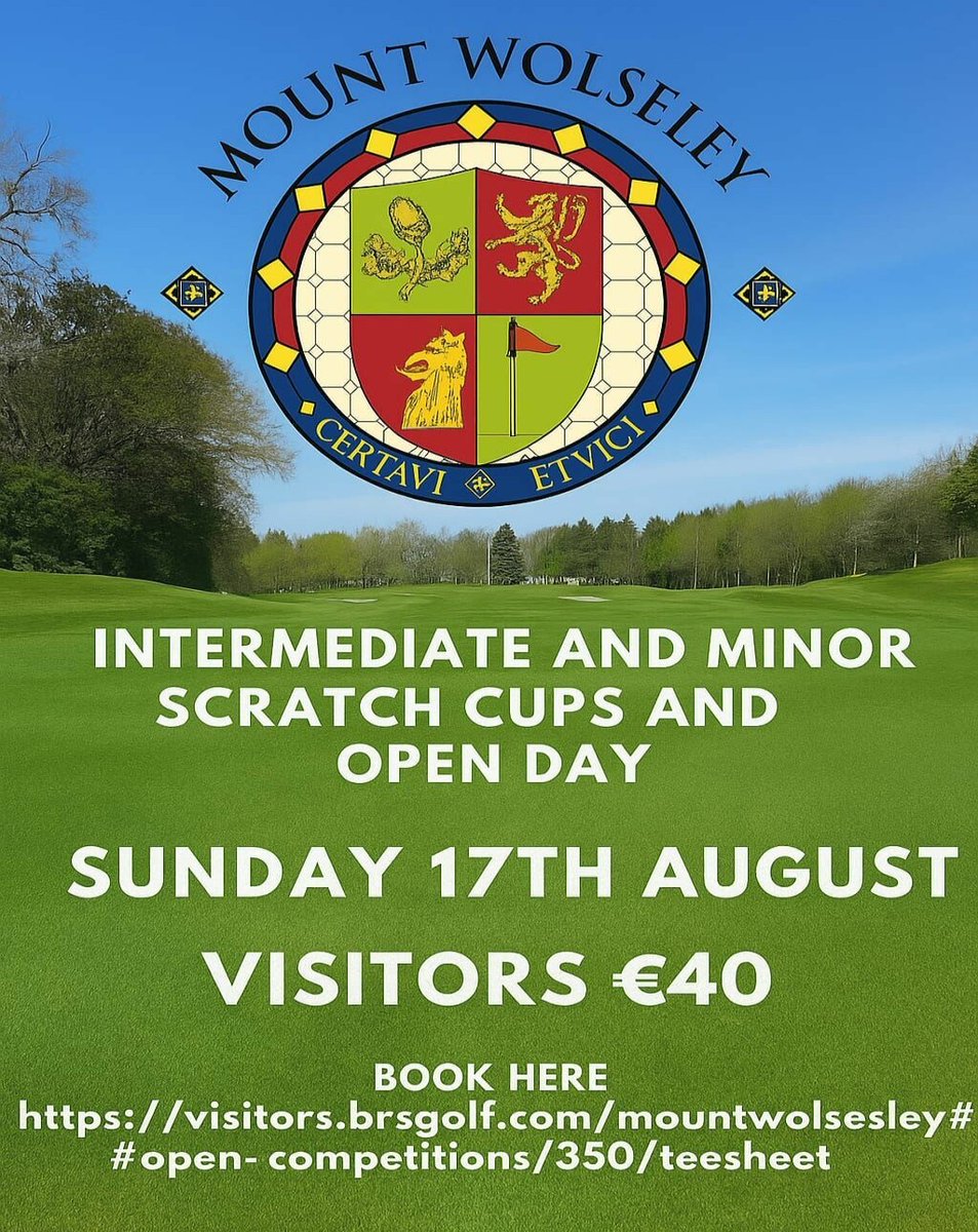 SUN 17th August
Mount Wolseley Golf Club
ISC (7.9 - 15.0) &amp; MSC (15.1 +)

€40 - Entry Now Open
visitors.brsgolf.com/mountwolseley#…

#ScratchCup #ScratchCups #IntermediateScratchCup
#MinorScratchCup