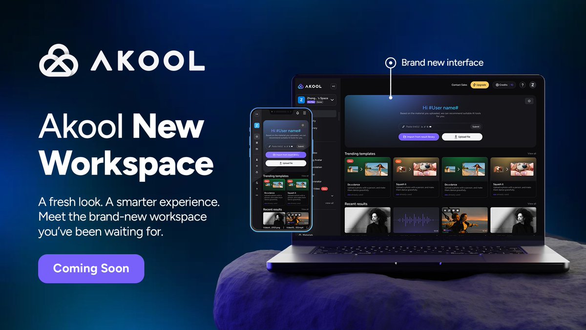 We’ve been working behind the scenes to bring you a smarter, sleeker, and more intuitive creative experience — and it’s almost here.

Introducing the Akool New Workspace
A fresh look. A brand-new interface. A workspace designed to make your AI-powered creativity faster, smoother,