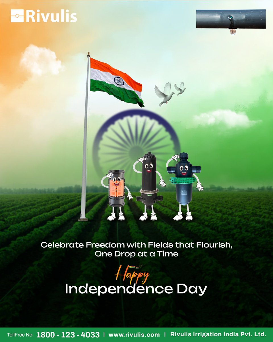 This Independence Day, free your farm from water waste, uneven irrigation &amp; yield loss.
Choose Rivulis drip irrigation – precise, efficient, and reliable.

🌱 Celebrate freedom. Celebrate growth.
#IndependenceDay #RivulisIndia #SmartIrrigation #GrowWithRivulis #DripThatDelivers