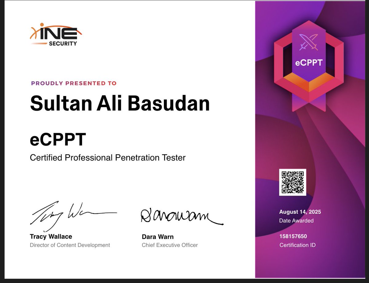 SultanBasudan's tweet photo. الحمدلله تم اجتياز اختبار  eCPPT  
(Certified Professional Penetration Tester) مختبر اختراق محترف معتمد - شهادة احترافية في مجال اختبار الاختراق والأمن السيبراني مقدمة من elearnsecurity والتي تتيح تقديم معسكرات ورش عمل في مجال اختبار الاختراق للطلاب وأعضاء هيئة التدريس والباحثين https://t.co/qIZcJaC049