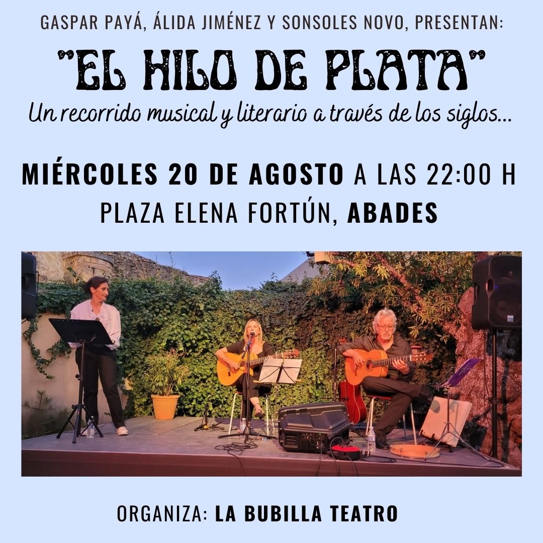 alidajimenezp's tweet photo. 🎶 El próximo miércoles estaremos con el espectáculo "El Hilo de Plata" dentro de la Semana Cultural de Abades. Un recorrido a través del tiempo, la poesía y la música. 
📍 Miércoles 20 de agosto a las 22:00 h en la Plaza Elena Fortún en Abades
Os esperamos, un abrazo ❤️❤️❤️ https://t.co/qAgXCCLkMB