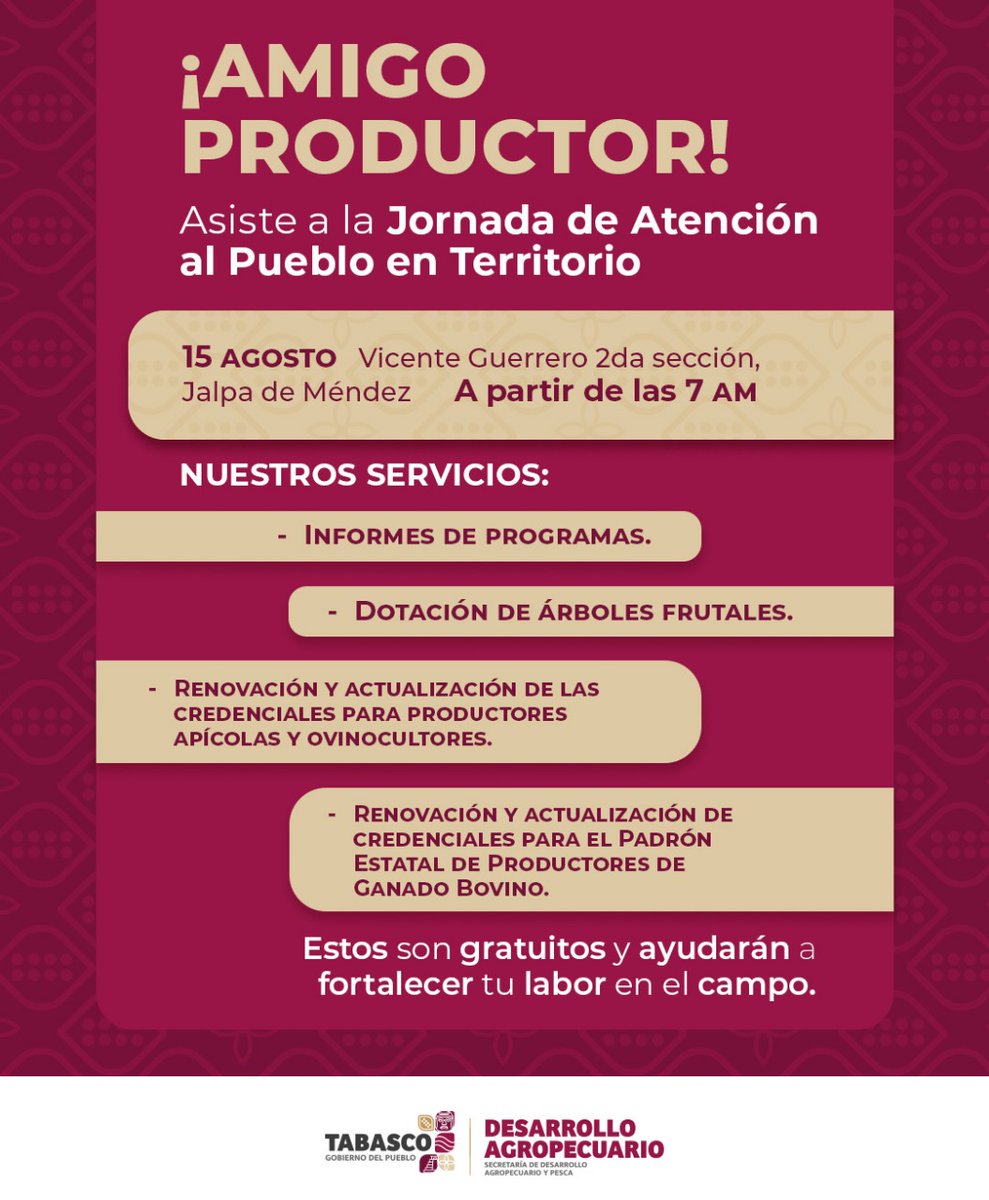 🌱🐂¡Amigo productor de #JalpaDeMendez!

Este viernes 15 de agosto el módulo de la SEDAP acudirá a la la Ra. Vicente Guerrero 1ra. sección en Jalpa de Méndez con la Jornada de Atención al Pueblo en Territorio en donde tendremos los siguientes servicios.👇
#Tabasco #JalpaDeMendez