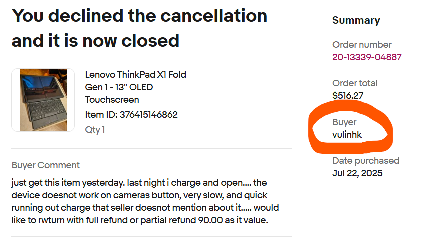 t0nech's tweet photo. 📢 My Experience with Buyer vulinhk – Wrong Claims, Forced Refund on eBay

The buyer left this comment on my listing:

“Device does not work on camera button, very slow, and quick running out charge… would like to return with full refund or partial refund $90.”

Here are the facts:

Camera → Works perfectly. I provided photo evidence showing the camera in use.

Battery → The Lenovo ThinkPad X1 Fold Gen 1 has a small 50Wh battery. Lenovo Dashboard shows ~4 hours on a full charge, which is normal for this model.

Performance → This device has an Intel i5-L16G7 with 8GB RAM, designed for light productivity. It’s not built for gaming or video editing. The performance is factory-standard, not a defect.

Side Button → The so-called “camera button” is actually the nano SIM tray, not a camera button.

Everything the buyer claimed was inaccurate. The device worked exactly as described in my listing.

⚠️ The bigger issue: eBay only allows sellers to leave positive feedback for buyers. That means I cannot warn other sellers through the platform itself. Even with full evidence, I was forced to accept the return.

🚨 Be careful with this buyer: nguyen vu linh (username: vulinhk) — their claims were 100% false in my case. I’m sharing this here so other sellers are aware.

Tags:
#eBay #eBaySeller #eBayCommunity #SellersBeware #ResellerCommunity #OnlineSelling #SellerProtection