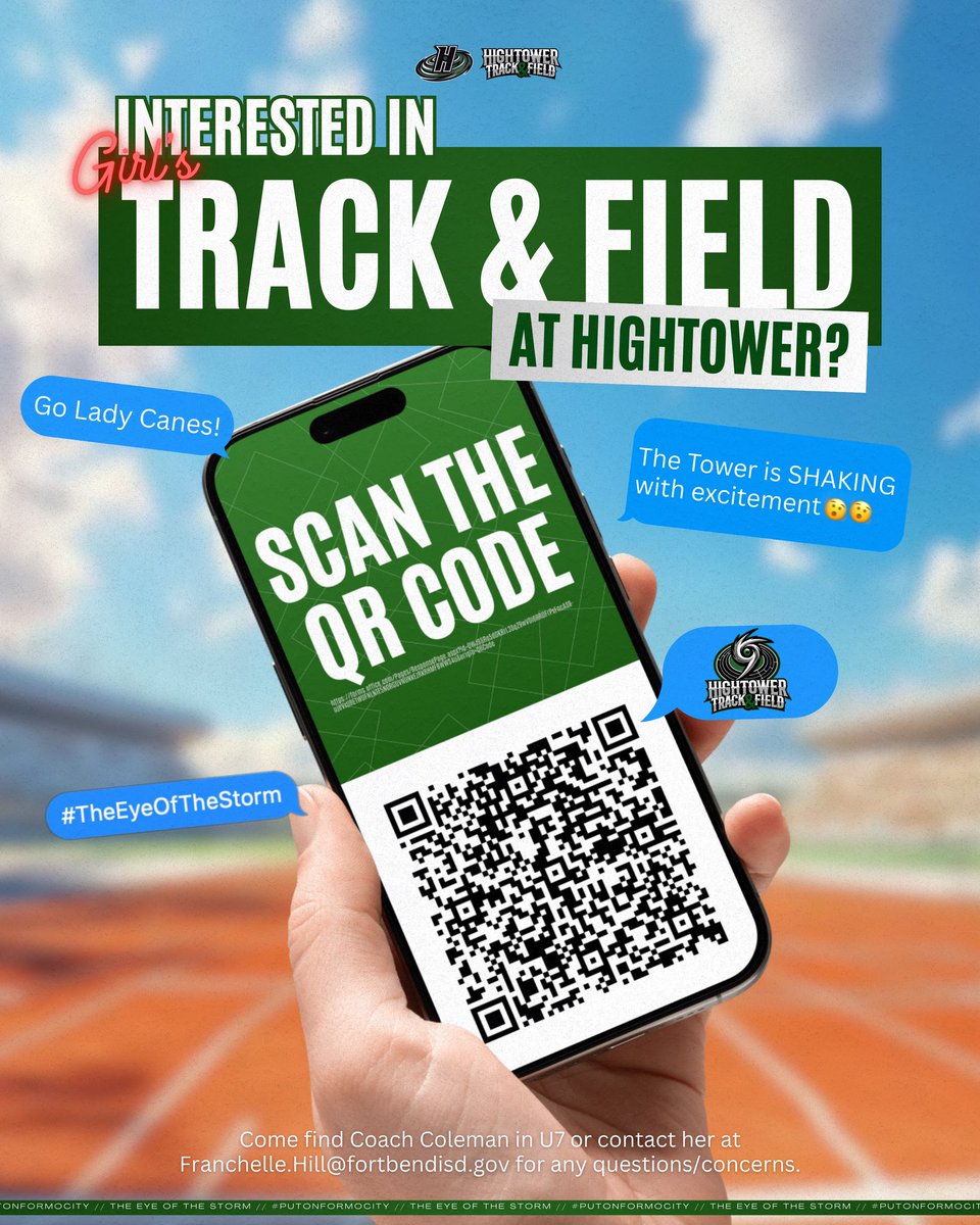 🏃‍♀️ Ready to run with the Lady Canes? 🌪 Join Hightower Girls Track &amp; Field and be part of the storm! Scan the QR code to get started. 💚 #TheEyeOfTheStorm #PutOnForMoCity