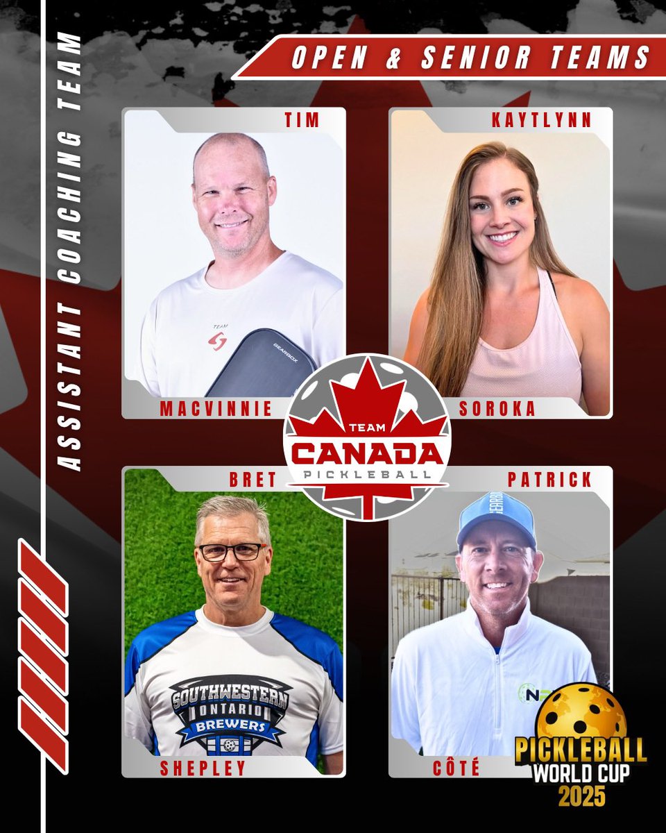 FullSendPB's tweet photo. 🚨 SAY HELLO 👋 TO THE 2025 Pickleball World Cup TEAM CANADA 🇨🇦 ASSISTANT COACHING STAFF ▶️
-
🇨🇦 Tim MacVinnie
🇨🇦 Kaytlynn Soroka
🇨🇦 Bret Shepley
🇨🇦 Patrick Côté

FULL POST ➡️ https://t.co/KKnex5Zc3v
-
#pickleball #pickleballcanada #pickleballtournament #pickleballcoach https://t.co/ze7p372rMM