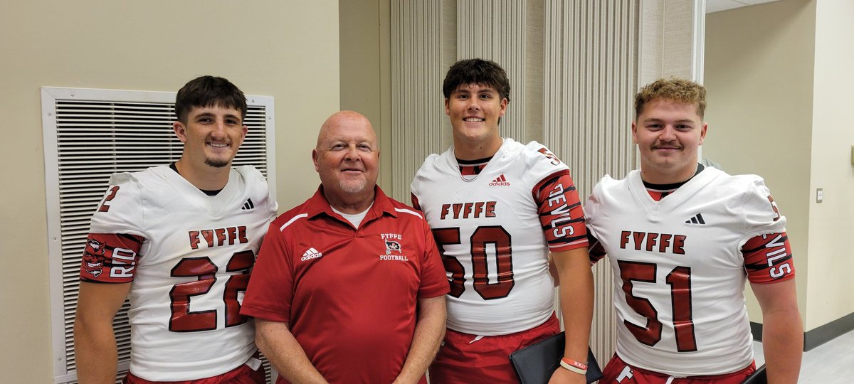 Fyffe Coach Paul Benefield alongside Ryder Gipson, Weston Evans, and Noah Guinn at the <a href="/AHSAAUpdates/">AHSAA</a> Media Day 2025 in Montgomery.