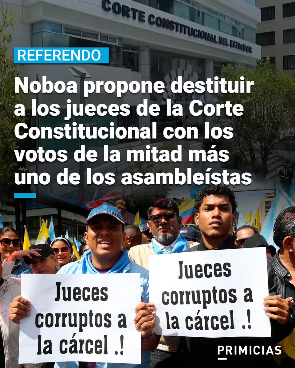 Primicias's tweet photo. Según el anexo de la pregunta 4 del referendo propuesto por el presidente Daniel Noboa, los jueces de la Corte Constitucional (CC) podrían ser destituidos con 77 votos, mayoría que actualmente tiene la organización política del Mandatario. https://t.co/1NQZGHkWaF https://t.co/swlnPuemnG