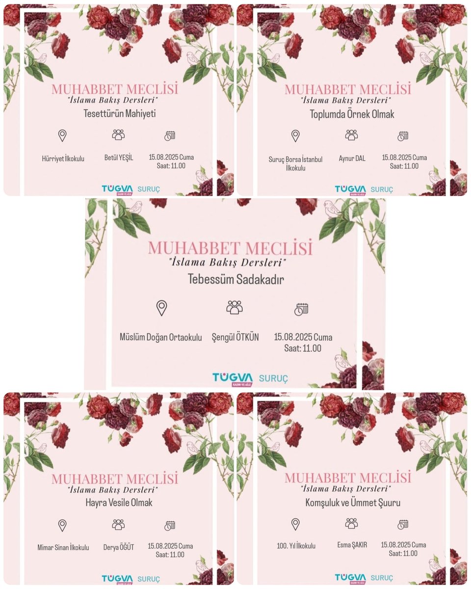 5 ayrı noktada hanım kardeşlerimizle Muhabbet Meclislerimizde buluşuyoruz. 🌸

📍100. Yıl İlkokulu
📍Mimar Sinan İlkokulu
📍Müslüm Doğan Ortaokulu
📍Suruç Borsa İstanbul İlkokulu
📍Hürriyet İlkokulu

Tarih 📆: 15.08.2025 Cuma
Saat ⏰: 11.00