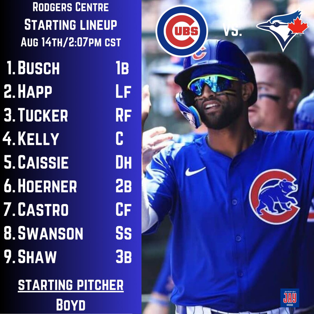 Big time Rubber Match Matinee!

The Cubs and Jays wrap their series up today after yesterday’s 4-1 victory north of the border.

Boyd will take to the bump, while PCA and Suzuki get a rest day. Replacing them, will be top prospect, Owen Caissie, and Willi Castro. 

GCG!