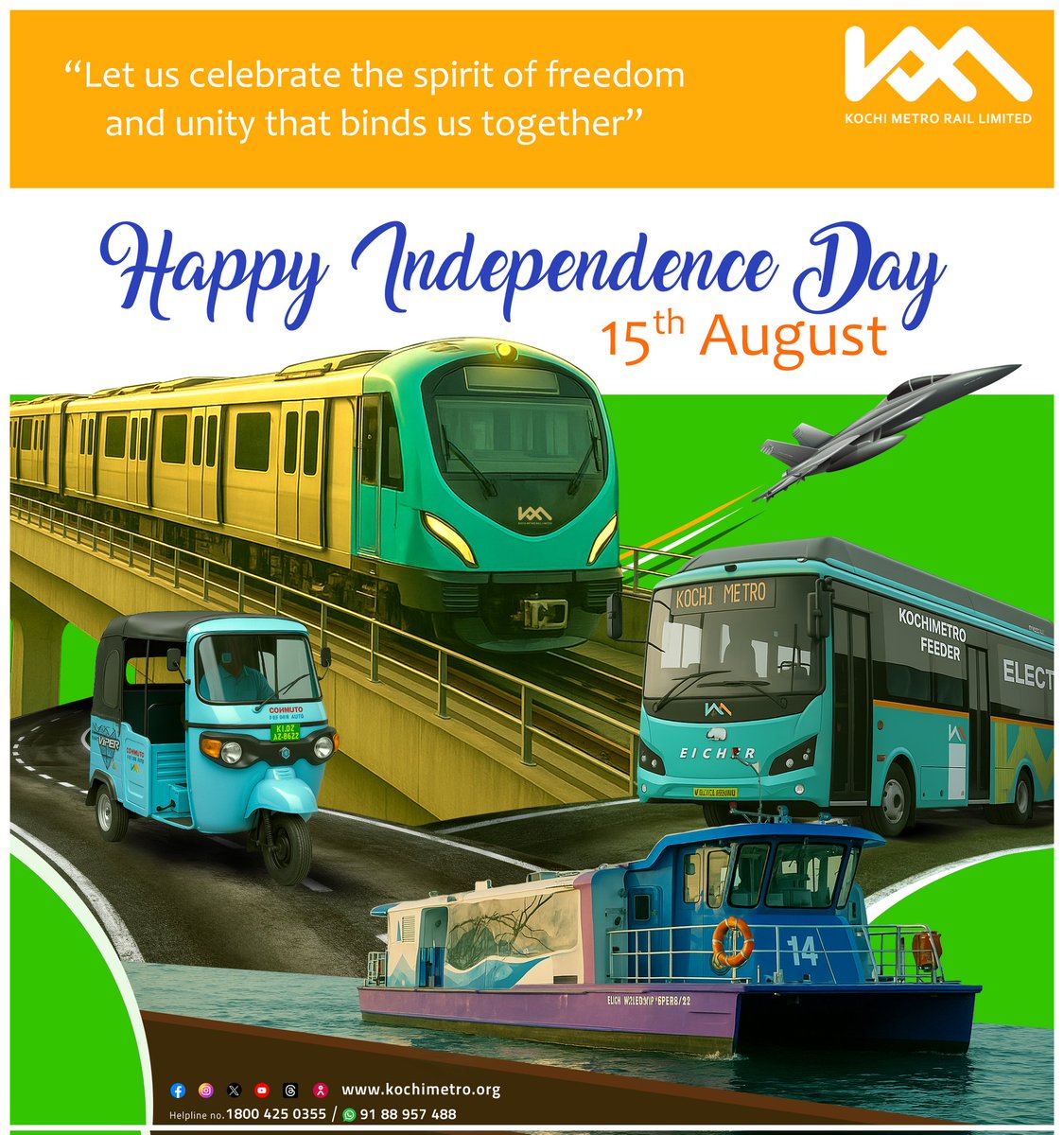 MetroRailKochi's tweet photo. Happy Independence Day!
As we celebrate this day, let us reflect on the strength of our unity.
Together, we can continue to build a future filled with hope and harmony. #IndependenceDay
#Kochimetro #metroconnect #watermetro
#kochiwatermetrolimited https://t.co/of13PHOQ9Q