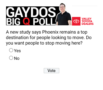 Check out today’s <a href="/GaydosKTAR/">Gaydos</a> Big Q Poll Question of the day brought to you by your Valley Toyota Dealers.    

Head to ktar.com to cast your vote.