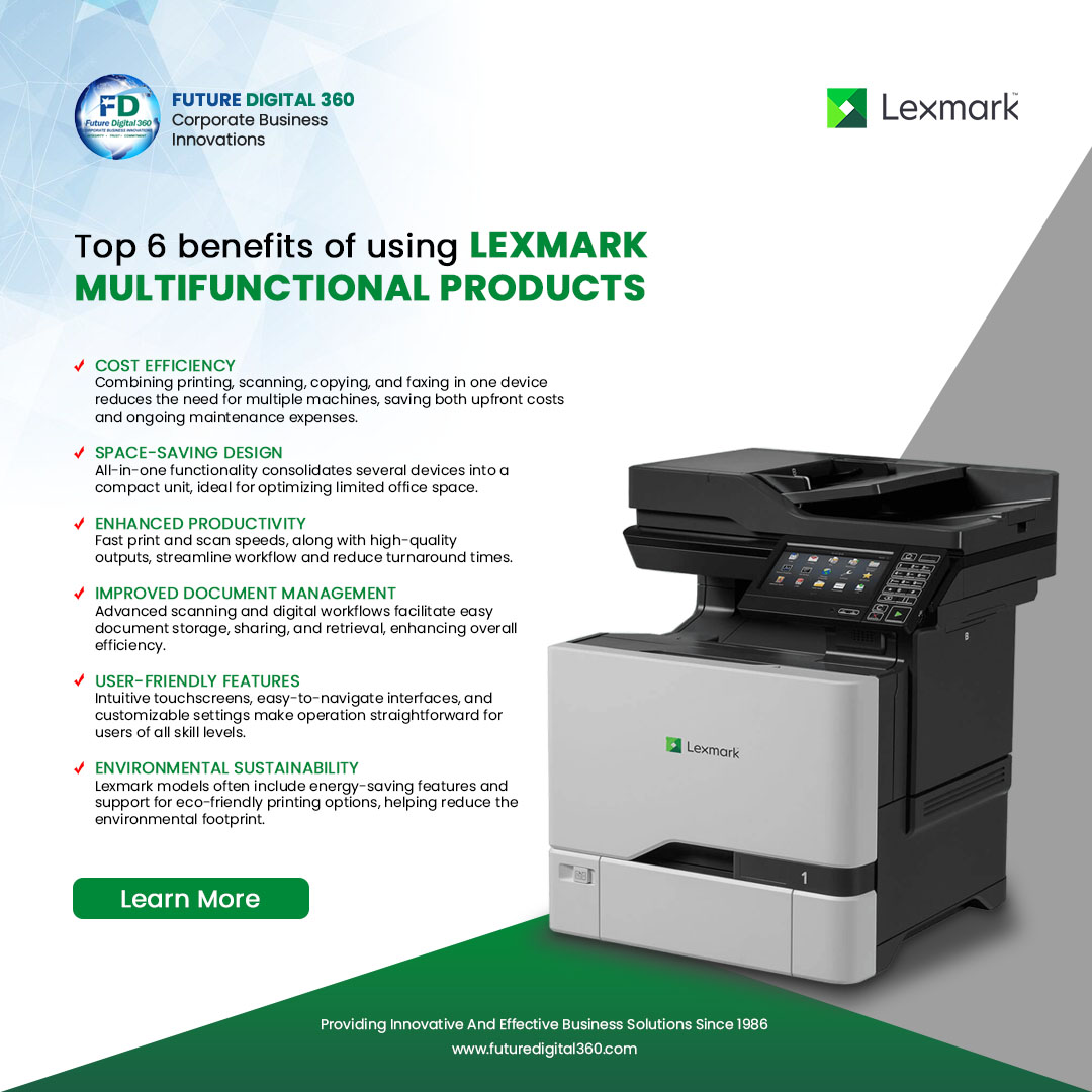 Simplify your workflow with Lexmark’s easy-to-use multifunctional devices—manage all your printing needs effortlessly! 

Contact Us
📞 +1 855 55 FD360
📧 info@futuredigital360.com
Website: futuredigital360.com
#futuredigital360 #webdevelopment #Webservices  #Lexmark