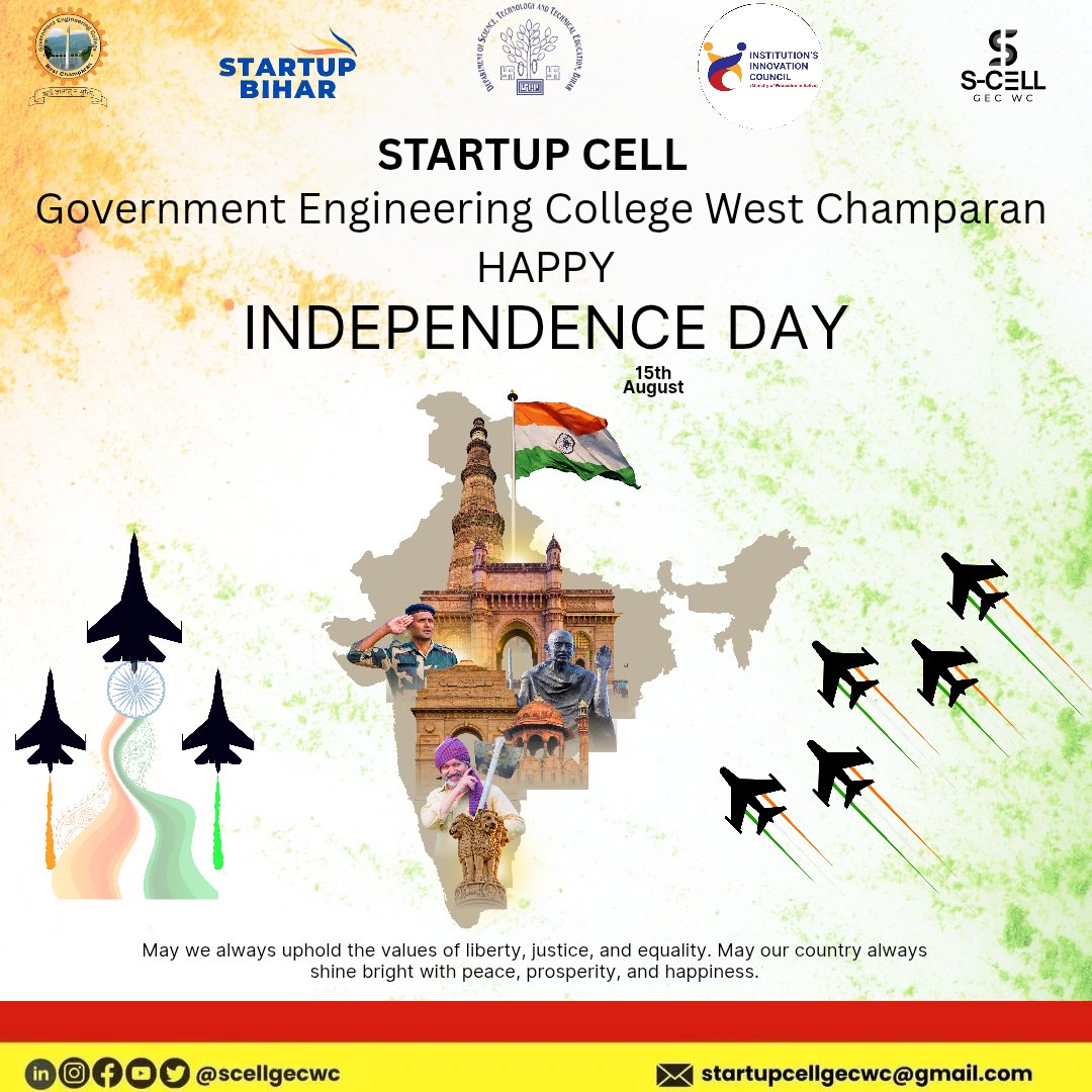 scellgecwc's tweet image. &quot;This Independence Day, let’s celebrate the spirit of freedom with the courage to innovate and the power to create. 🇮🇳✨ #StartupCell #IndependenceDay&quot;#scellgecwc  #innovation #startupbihar #startupindia