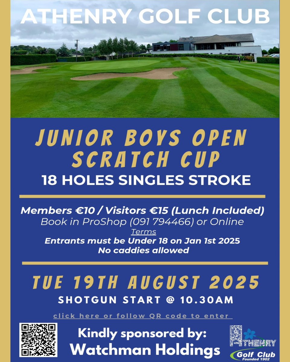 TUE 19th August
Athenry Golf Club
Boys Scratch Cup

€15 - Entry Now Open visitors.brsgolf.com/athenry#/open-…

#ScratchCup #ScratchCups #BoysScratchCup