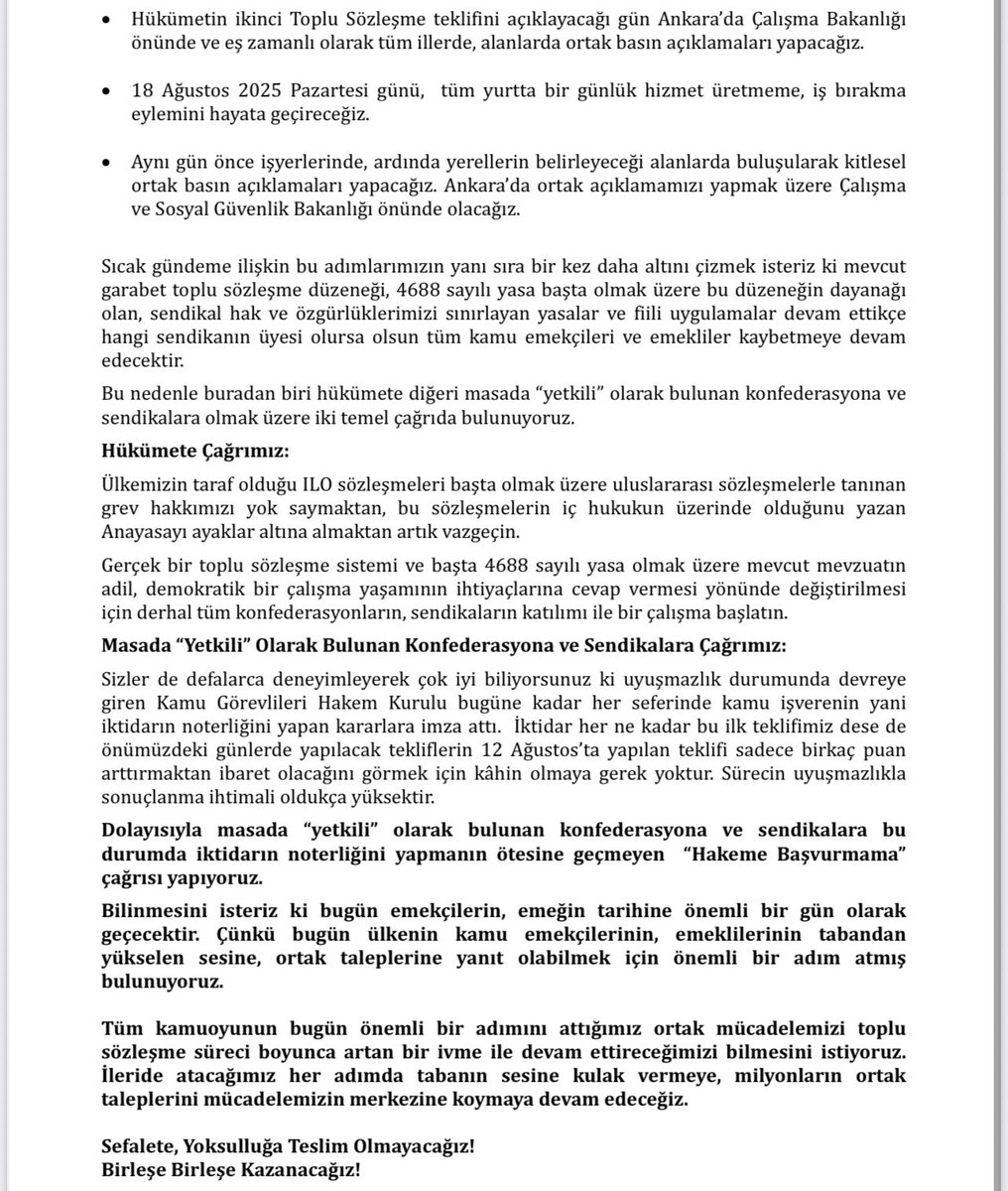KAMUOYUNUN DİKKATİNE

7 memur konfederasyonu olarak toplu sözleşme sürecine ilişkin  gerçekleştirdiğimiz değerlendirme ve istişare toplantısında alınan kararlar⬇️

Bu topyekün mücadeleyi toplu sözleşme süreci boyunca artan bir ivme ile devam ettireceğimizi tüm kamuoyu tarafından