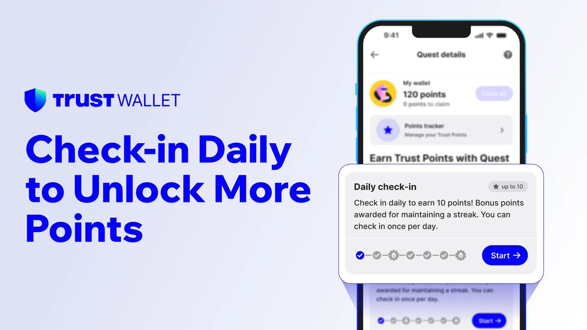 TrustWallet's tweet photo. 💥 QUEST POINTS UPDATE 💥

Check in daily and stack your points — up to 20 points/day for a 7-day streak.

The more you check in, the more points you get. Don’t miss a day — your streak (and upcoming rewards) are waiting.

Start now: Discover → Quest banner: https://t.co/mfws5K6gP8