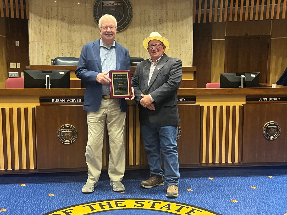 Today, <a href="/PinalCounty/">Pinal County - Government</a> Supervisor Steve Miller presented Majority Leader <a href="/JohnKavanagh_AZ/">Senator John Kavanagh</a> with the <a href="/csaofaz/">County Supervisors Association</a> "Good Government Award." Leader Kavanagh's willingness to collaborate on solutions to complex policy problems - culminating in this year's SB 1035 - is much appreciated.