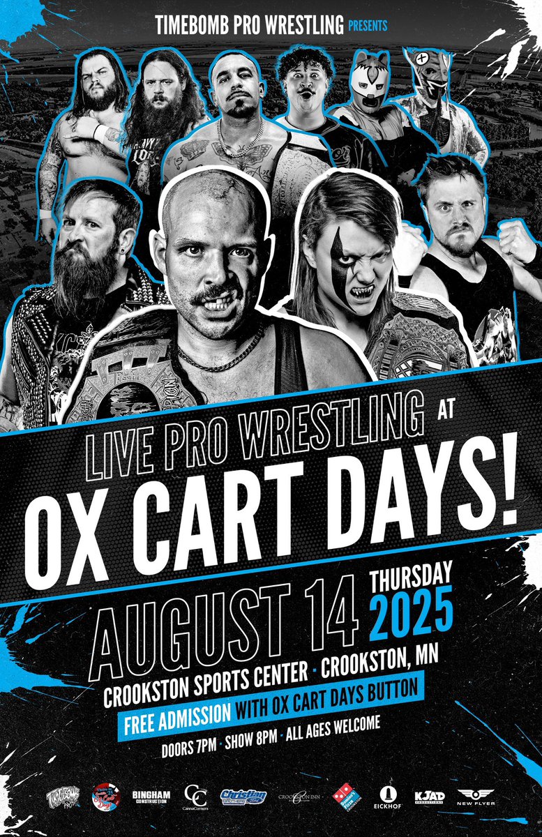 Arik Cannon (@arikcannon) on Twitter photo 🚨 T O N I G H T 🚨
<a href="/TimebombPro/">Timebomb Pro Wrestling</a>
Crookston, MN
Doors 7pm | Bell 8pm
All Ages Welcome
Come for the Lip Sync Contest, and stay for all the live professional wrestling mayhem at the Crookston Sports Center!
🎟️ Admission is FREE with your Ox Cart Days button! (Which are just $5!) 🚨 T O N I G H T 🚨
<a href="/TimebombPro/">Timebomb Pro Wrestling</a>
Crookston, MN
Doors 7pm | Bell 8pm
All Ages Welcome
Come for the Lip Sync Contest, and stay for all the live professional wrestling mayhem at the Crookston Sports Center!
🎟️ Admission is FREE with your Ox Cart Days button! (Which are just $5!)