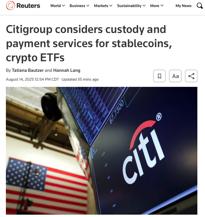 CryptoGucci's tweet photo. JUST IN: Citigroup, the 3rd-largest US bank, is building stablecoin custody, payment services & positioning to custody Ethereum ETFs alongside other crypto ETFs

Here’s what Citi is planning:
- Custody reserves for stablecoin issuers
- Launch payment solutions powered by stablecoins
- Provide custody for cryptocurrency ETF issuers

With $149B+ in stablecoins already on Ethereum and record ETF inflows piling in, Wall Street’s rails are moving on-chain and the settlement layer will be $ETH