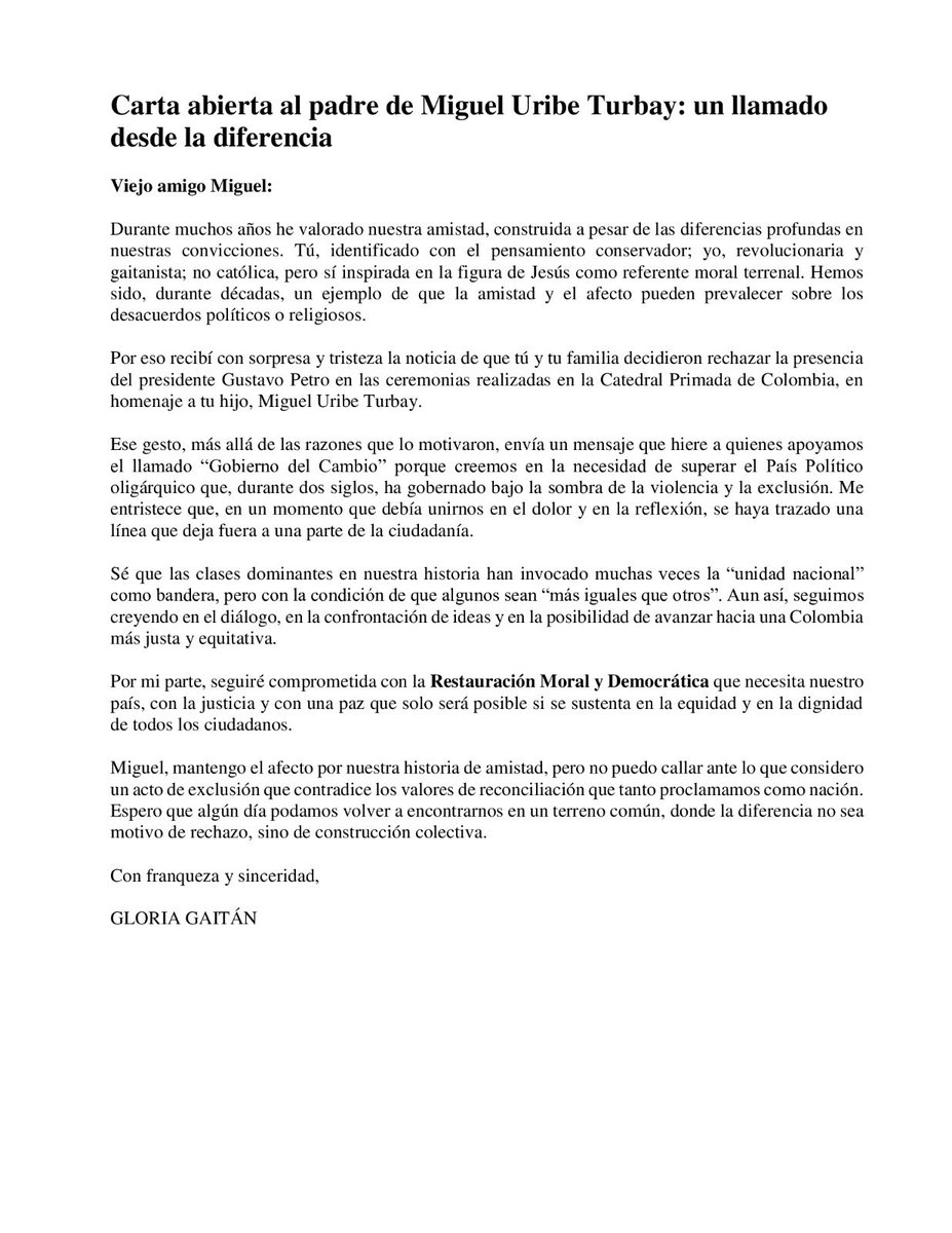 GustavoBolivar's tweet photo. Carta de Gloria Gaitán al padre de Miguel Uribe. 
Vale la pena leerla. https://t.co/nEEc1dmVss