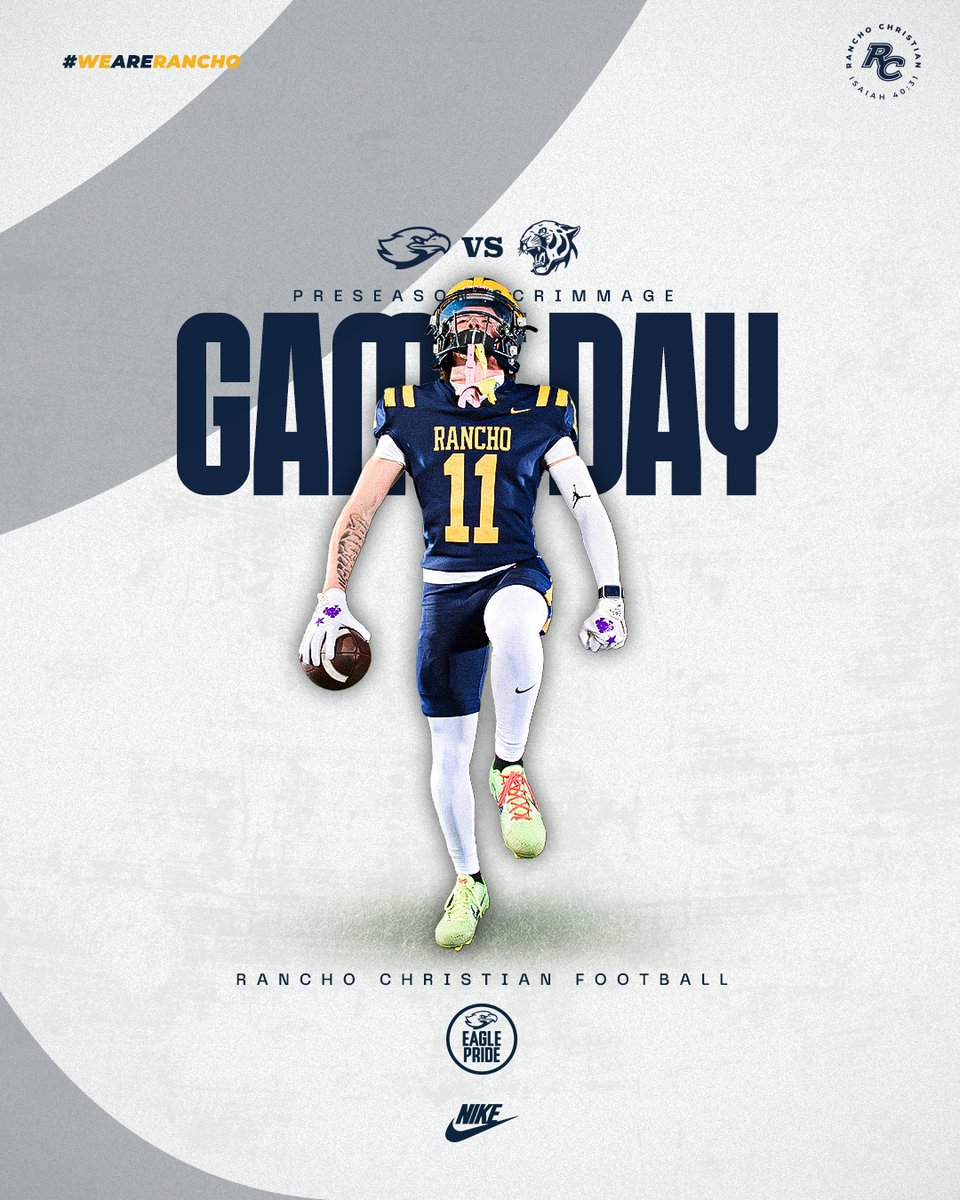 🏈 EAGLES FOOTBALL IS BACK!
Your Rancho Christian Eagles take on the Capo Valley Cougars in a preseason scrimmage today, Thursday AUG 14, 7pm at Saddleback College in Mission Viejo.
Let's GO Eagles!
#WeAreRancho #EaglePride #RCFootball