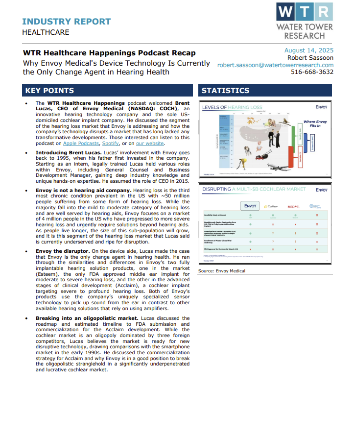 Water Tower Research LLC (@wtr_research) on Twitter photo Catch <a href="/robert_sassoon/">Robert Sassoon</a>'s recap from his recent podcast with Brent Lucas, CEO of <a href="/EnvoyMedical/">Envoy Medical</a> (NASDAQ: COCH), an innovative hearing technology company and the sole US-domiciled cochlear implant company. We discussed the segment of the hearing loss market that Envoy is addressing Catch <a href="/robert_sassoon/">Robert Sassoon</a>'s recap from his recent podcast with Brent Lucas, CEO of <a href="/EnvoyMedical/">Envoy Medical</a> (NASDAQ: COCH), an innovative hearing technology company and the sole US-domiciled cochlear implant company. We discussed the segment of the hearing loss market that Envoy is addressing