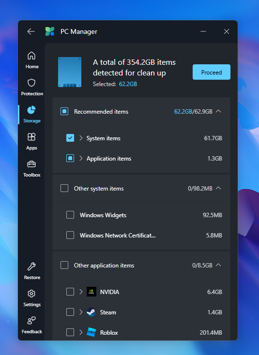كل ما اشوف المساحة عندي امتلأت بالويندوز دائماً استخدم اداة PC Manager بإعتقادي هي الافضل في تنظيف الملفات المؤقتة.

كل مرة افتحها انصدم بهاذي الارقام، انصدم تحديداً من حجم الملفات المؤقتة، ببعض الاحيان حجمها يوصل الى 200GB