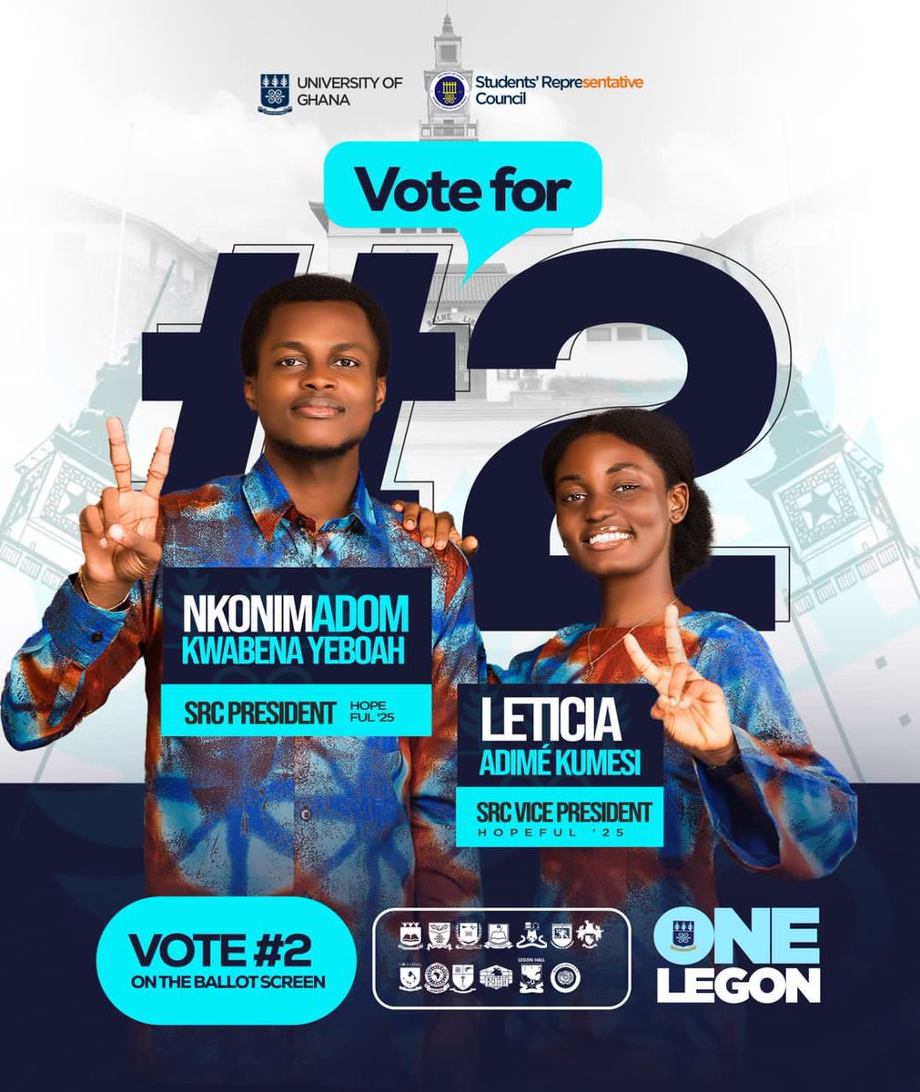 YeboahNkonim's tweet photo. NKONIMADOM Γ LETICIA are NUMBER 2οΈβ£ βοΈon the ballot for UGSRC PRESIDENT & VICE π―
ONE LEGONπ₯
#UGSRC2025 #UGSRC #NkonimadomAndLeticia #VoteNumber2 #UniversityOfGhana #Legon #LegonSRC #Leadership #LegonLife #StudentsFirst #CampusPolitics #UGLegon #Team2 https://t.co/PdfntLW2N8