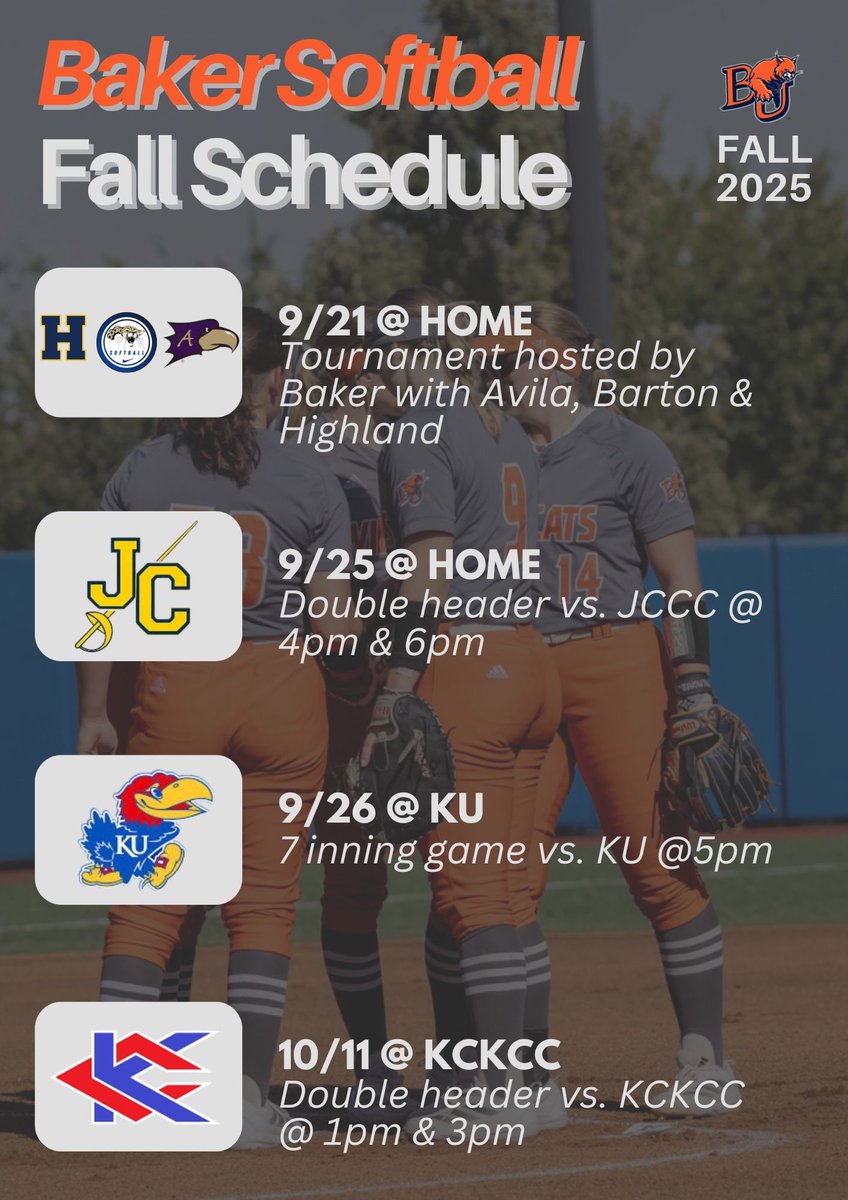 It’s almost time⏰ 

Here is the Fall Schedule for your ‘25-‘26 Baker University Wildcats! 🧡🐾🖤

Follow along for more updates and information👀 

#jOURney #trUSt #btid