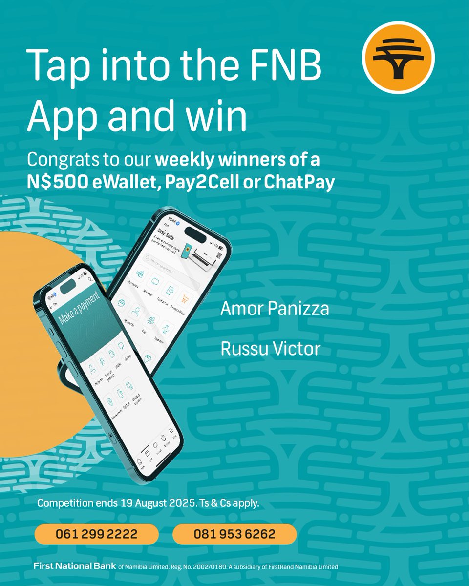 FNB Namibia (@fnbnamibia) on Twitter photo It’s seriously easy to stand a chance of winning our weekly or monthly prizes, or the grand prize of an iPhone 16 Pro. 
Simply purchase prepaid airtime or electricity on the FNB App, and you’re in the competition.
#FNBNamibia #FNBApp It’s seriously easy to stand a chance of winning our weekly or monthly prizes, or the grand prize of an iPhone 16 Pro. 
Simply purchase prepaid airtime or electricity on the FNB App, and you’re in the competition.
#FNBNamibia #FNBApp