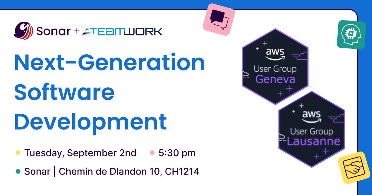 Sonar (@sonarsource) on Twitter photo Join the <a href="/AWS/">Amazon Web Services</a> User Groups of Geneva & Lausanne for Meetup #25 on Sep 2nd! ☁️
We’re excited to host this event at our Geneva office, where we'll dive into cloud architecture, new tech & more.
RSVP now: bit.ly/3J0AdXv
#AWSCommunity #CloudTechnologies Join the <a href="/AWS/">Amazon Web Services</a> User Groups of Geneva & Lausanne for Meetup #25 on Sep 2nd! ☁️
We’re excited to host this event at our Geneva office, where we'll dive into cloud architecture, new tech & more.
RSVP now: bit.ly/3J0AdXv
#AWSCommunity #CloudTechnologies