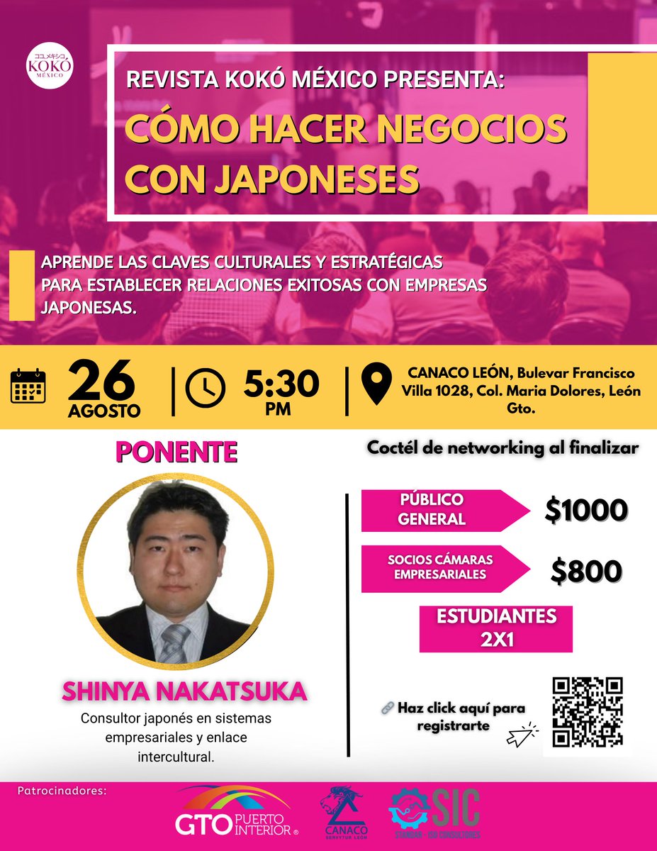 🌏🤝 ¿Quieres hacer negocios con Japón?
Descubre las estrategias y claves culturales para generar alianzas exitosas con empresas japonesas, de la mano de Shinya Nakatsuka, consultor especializado en negocios internacionales y enlace intercultural.

📅 26 de agosto | 🕠 5:30 p.m.