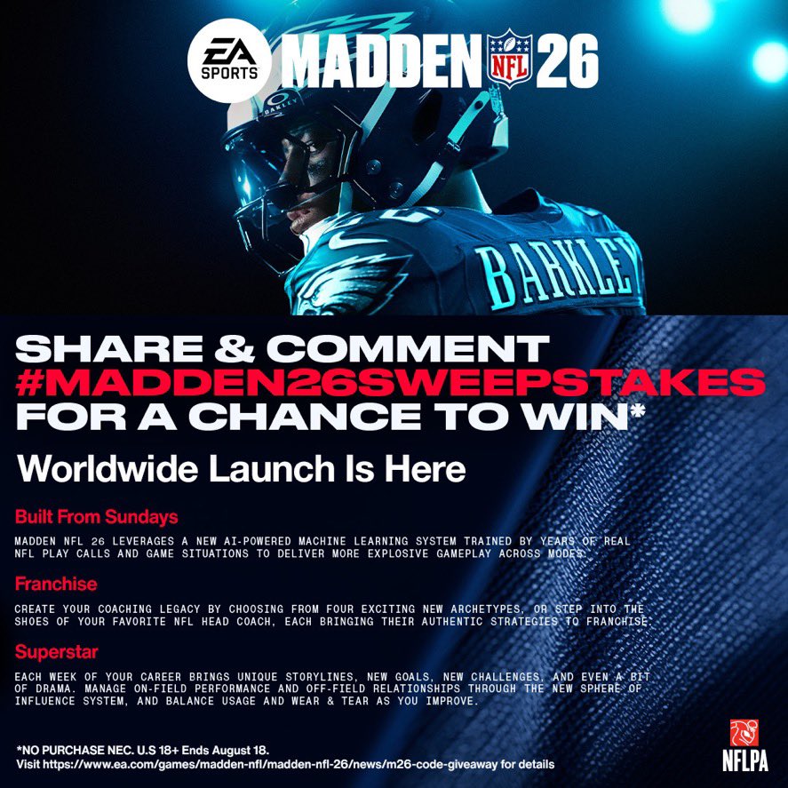 MLFootball (@_mlfootball) on Twitter photo 🚨🚨GIVEAWAY🚨🚨
We are giving away FOUR copies of the new Madden 26 game.
To enter…
1) RETWEET THIS POST
2) FOLLOW <a href="/_MLFootball/">MLFootball</a> & <a href="/EAMaddenNFL/">Madden NFL 26</a>
3) Comment below your favorite #NFL team
#Madden26 🚨🚨GIVEAWAY🚨🚨
We are giving away FOUR copies of the new Madden 26 game.
To enter…
1) RETWEET THIS POST
2) FOLLOW <a href="/_MLFootball/">MLFootball</a> & <a href="/EAMaddenNFL/">Madden NFL 26</a>
3) Comment below your favorite #NFL team
#Madden26