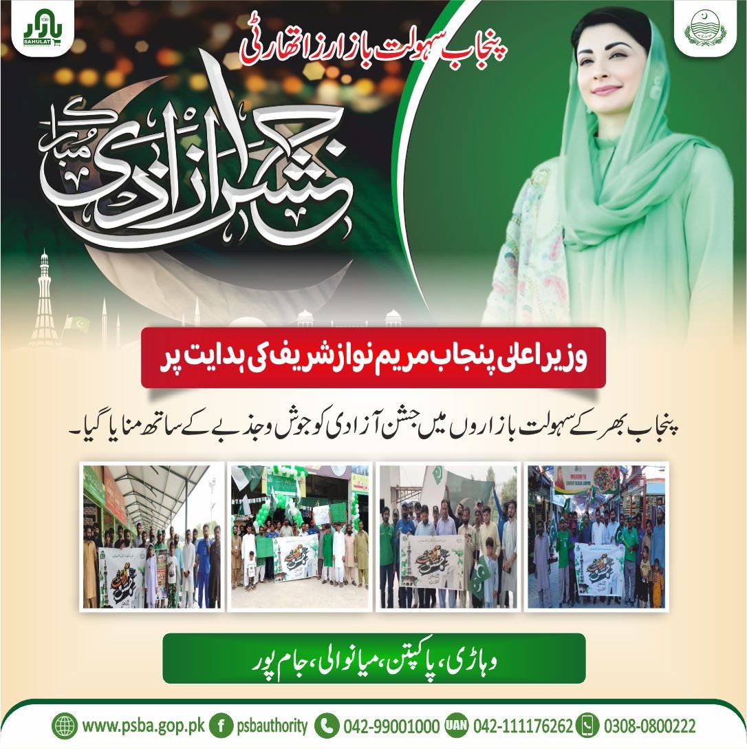 Punjab Model Bazaars Management Company (@modelbazaars) on Twitter photo وزیر اعلی پنجاب مریم نواز شریف کی ہدایت پر پنجاب بھر کے سہولت بازاروں میں جشن آزادی جوش و جذبے کے ساتھ منایا
<a href="/GovtofPunjabPK/">Government of Punjab</a>
<a href="/DgprPunjab/">DGPR Punjab</a>
<a href="/CS_Punjab/">Chief Secretary Punjab</a>
<a href="/MaryamNSharif/">Maryam Nawaz Sharif</a>
<a href="/SalmaButtPMLN/">Salma Butt</a>
<a href="/Marriyum_A/">Marriyum Aurangzeb</a>
<a href="/pccmdepartment/">Price Control & Commodities Management department</a>
#PSBA
#Buyfresh
#freehomedelivery
#punjabsahulatbazaars وزیر اعلی پنجاب مریم نواز شریف کی ہدایت پر پنجاب بھر کے سہولت بازاروں میں جشن آزادی جوش و جذبے کے ساتھ منایا
<a href="/GovtofPunjabPK/">Government of Punjab</a>
<a href="/DgprPunjab/">DGPR Punjab</a>
<a href="/CS_Punjab/">Chief Secretary Punjab</a>
<a href="/MaryamNSharif/">Maryam Nawaz Sharif</a>
<a href="/SalmaButtPMLN/">Salma Butt</a>
<a href="/Marriyum_A/">Marriyum Aurangzeb</a>
<a href="/pccmdepartment/">Price Control & Commodities Management department</a>
#PSBA
#Buyfresh
#freehomedelivery
#punjabsahulatbazaars