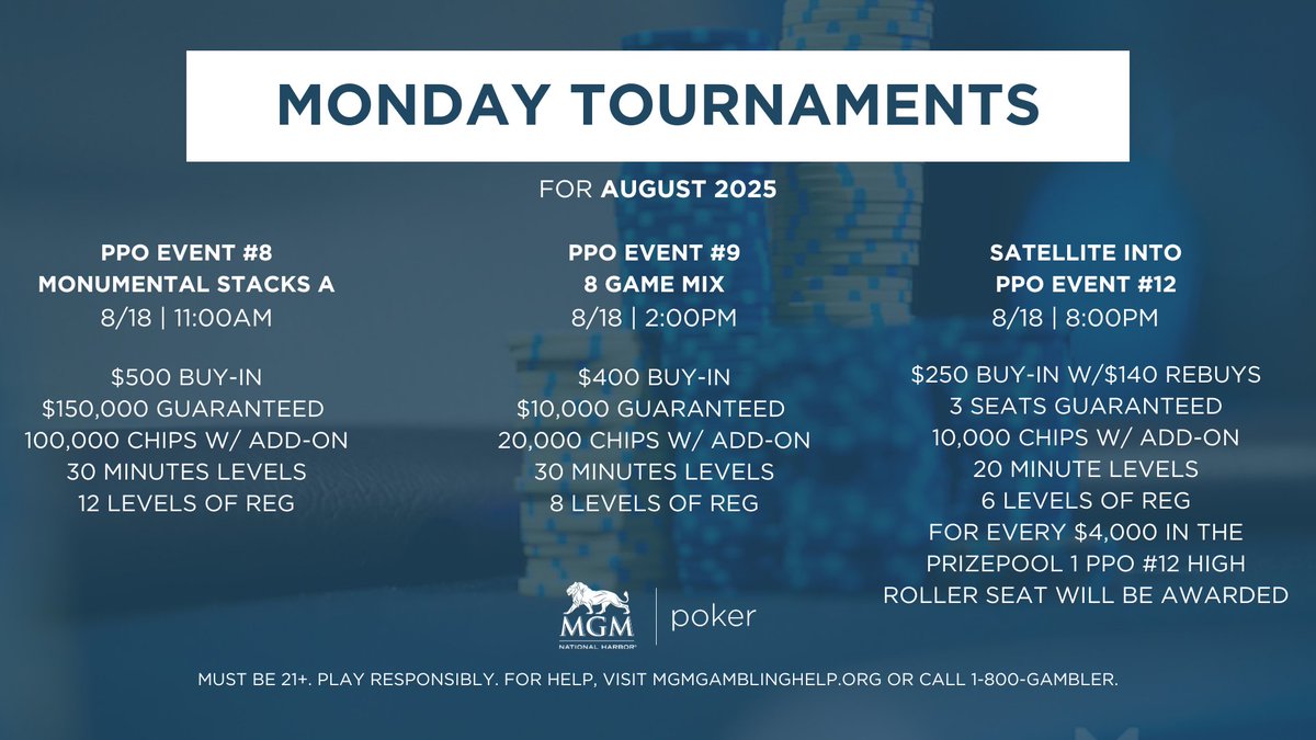 MGMNH_Poker's tweet photo. Monday 8/18 – #Monumental Monday

🏛 Monumental Stacks kicks off + 🎲 8-Game Mix for the #MixedGame faithful.

⚡ Insta-Pays hit at 7P — let’s go big.
#PPO2025 #MGMNH #PokerLife #HighHands https://t.co/9H0z9gFK4u