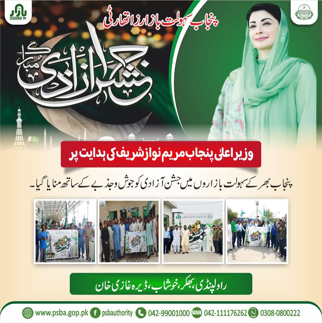 Punjab Model Bazaars Management Company (@modelbazaars) on Twitter photo وزیر اعلی پنجاب مریم نواز شریف کی ہدایت پر پنجاب بھر کے سہولت بازاروں میں جشن آزادی جوش و جذبے کے ساتھ منایا
<a href="/GovtofPunjabPK/">Government of Punjab</a>
<a href="/DgprPunjab/">DGPR Punjab</a>
<a href="/CS_Punjab/">Chief Secretary Punjab</a>
<a href="/MaryamNSharif/">Maryam Nawaz Sharif</a>
<a href="/SalmaButtPMLN/">Salma Butt</a>
<a href="/Marriyum_A/">Marriyum Aurangzeb</a>
<a href="/pccmdepartment/">Price Control & Commodities Management department</a>
#PSBA
#Buyfresh
#freehomedelivery
#punjabsahulatbazaars وزیر اعلی پنجاب مریم نواز شریف کی ہدایت پر پنجاب بھر کے سہولت بازاروں میں جشن آزادی جوش و جذبے کے ساتھ منایا
<a href="/GovtofPunjabPK/">Government of Punjab</a>
<a href="/DgprPunjab/">DGPR Punjab</a>
<a href="/CS_Punjab/">Chief Secretary Punjab</a>
<a href="/MaryamNSharif/">Maryam Nawaz Sharif</a>
<a href="/SalmaButtPMLN/">Salma Butt</a>
<a href="/Marriyum_A/">Marriyum Aurangzeb</a>
<a href="/pccmdepartment/">Price Control & Commodities Management department</a>
#PSBA
#Buyfresh
#freehomedelivery
#punjabsahulatbazaars