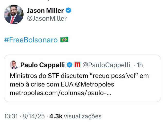 zfabrogmailcom's tweet photo. Bora pessoal foi o Jason Miller quem pediu.
Free  Bolsonaro. https://t.co/a8W9nEu6na
