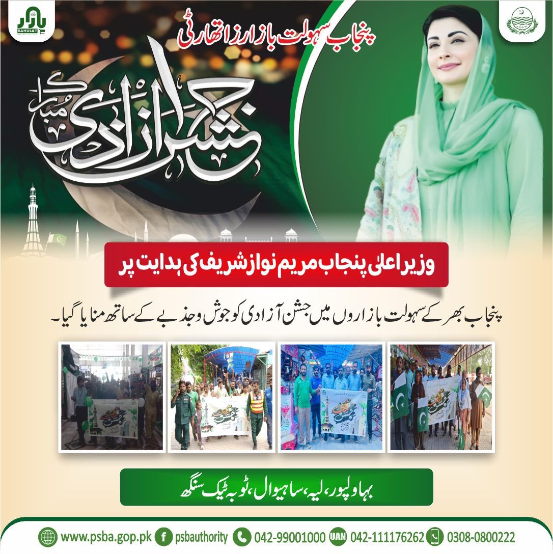 Punjab Model Bazaars Management Company (@modelbazaars) on Twitter photo وزیر اعلی پنجاب مریم نواز شریف کی ہدایت پر پنجاب بھر کے سہولت بازاروں میں جشن آزادی جوش و جذبے کے ساتھ منایا
<a href="/GovtofPunjabPK/">Government of Punjab</a>
<a href="/DgprPunjab/">DGPR Punjab</a>
<a href="/CS_Punjab/">Chief Secretary Punjab</a>
<a href="/MaryamNSharif/">Maryam Nawaz Sharif</a>
<a href="/SalmaButtPMLN/">Salma Butt</a>
<a href="/Marriyum_A/">Marriyum Aurangzeb</a>
<a href="/pccmdepartment/">Price Control & Commodities Management department</a>
#PSBA
#Buyfresh
#freehomedelivery
#punjabsahulatbazaars وزیر اعلی پنجاب مریم نواز شریف کی ہدایت پر پنجاب بھر کے سہولت بازاروں میں جشن آزادی جوش و جذبے کے ساتھ منایا
<a href="/GovtofPunjabPK/">Government of Punjab</a>
<a href="/DgprPunjab/">DGPR Punjab</a>
<a href="/CS_Punjab/">Chief Secretary Punjab</a>
<a href="/MaryamNSharif/">Maryam Nawaz Sharif</a>
<a href="/SalmaButtPMLN/">Salma Butt</a>
<a href="/Marriyum_A/">Marriyum Aurangzeb</a>
<a href="/pccmdepartment/">Price Control & Commodities Management department</a>
#PSBA
#Buyfresh
#freehomedelivery
#punjabsahulatbazaars