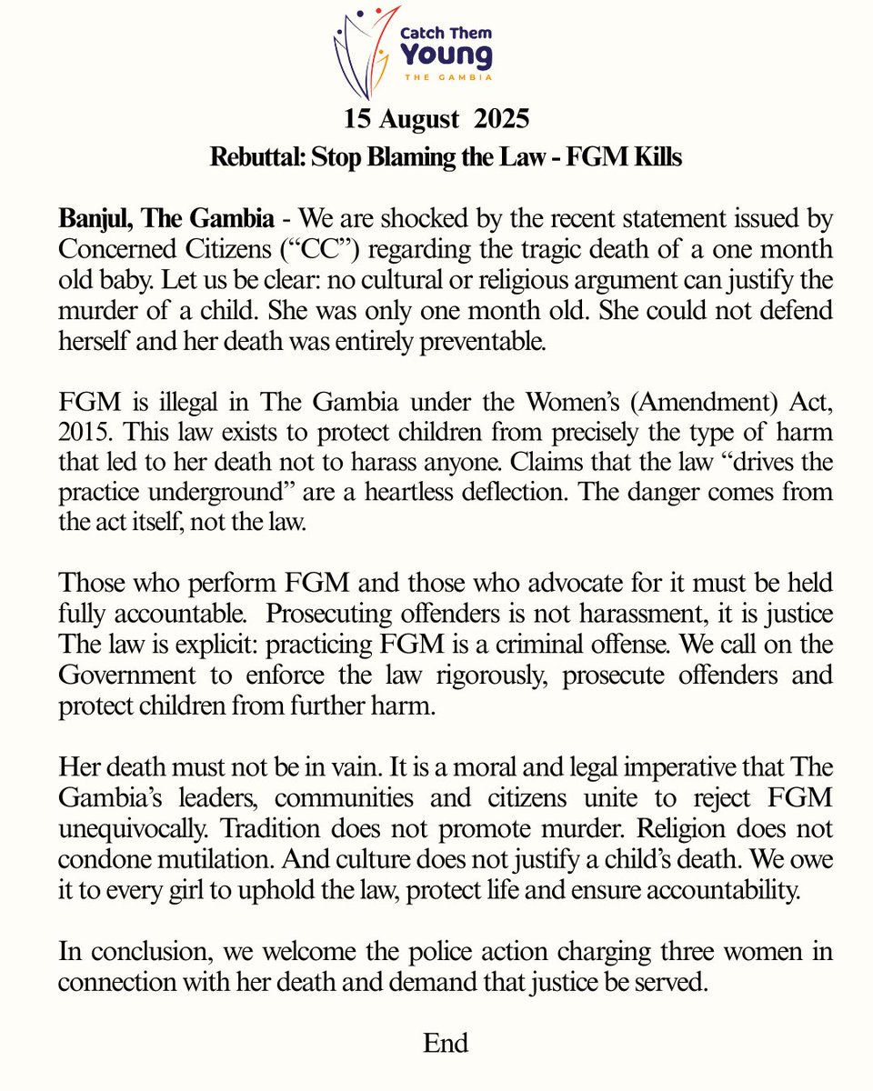 We urge the government, judiciary, and all enforcement agencies to stand firm so this case reinforces - not reverses - the FGM ban.
No intimidation should deter The Gambia from upholding its national and international commitment to end FGM.

#EndFGM220 #JusticeForGirls #Gambia