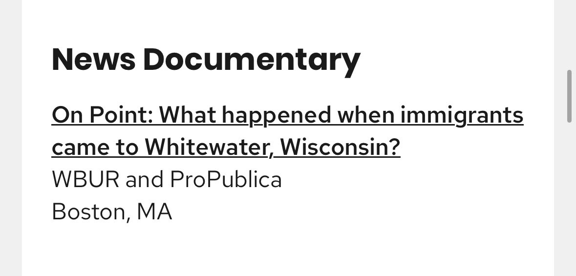 We won a national Murrow award with our partners at WBUR’s On Point! This is for an episode we made about immigration in Whitewater, Wisconsin, that aired on Election Day last year 😬

rtdna.org/2025-national-…