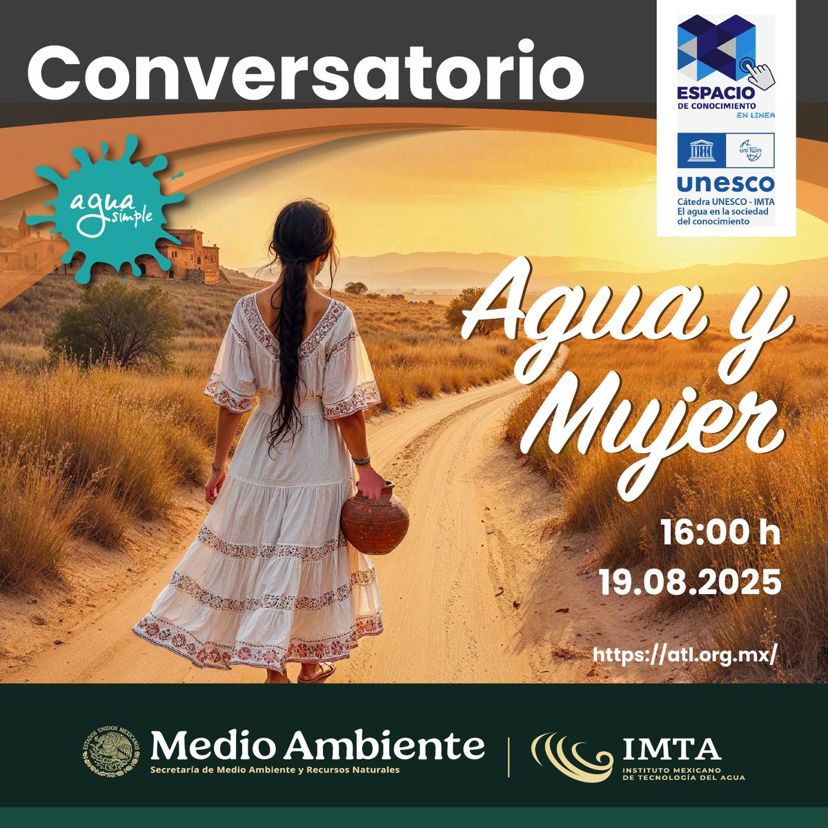 💧✨ Conversatorio: Agua y Mujer ✨💧

📅 Martes 19 de agosto de 2025
🕓 16:00 Hrs. (CDMX)
🌐 Regístrate en: atl.org.mx

📖 Conoce la revista aguasimple.org.mx

¡No te lo pierdas! Una mirada profunda a la relación entre el agua y las mujeres que la protegen.
