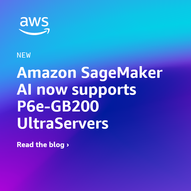AWSAI's tweet image. New: #AmazonSageMaker AI now supports P6e-GB200 UltraServers 🚀🧠💻

Learn how to seamlessly integrate these UltraServers with the distributed training environment of SageMaker HyperPod to rapidly scale model development. #AWS

👉 go.aws/3JwURie