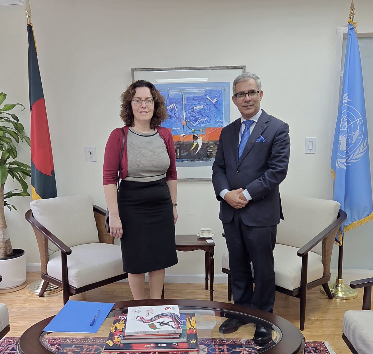 BangladeshUN1's tweet photo. Bangladesh 🇧🇩 PR had the pleasure of  welcoming Amb. Jayantha Chandrasiri Jayasuriya, PR of Sri Lanka 🇱🇰 & Amb. Laura Dupuy, PR of Uruguay 🇺🇾 at the Bangladesh Mission today. Their discussions covered bilateral priorities, enhanced trade & investment, people-to-people ties, South-South Cooperation and closer collaboration in multilateral fora. #Bangladesh #UN #Diplomacy @BDMOFA