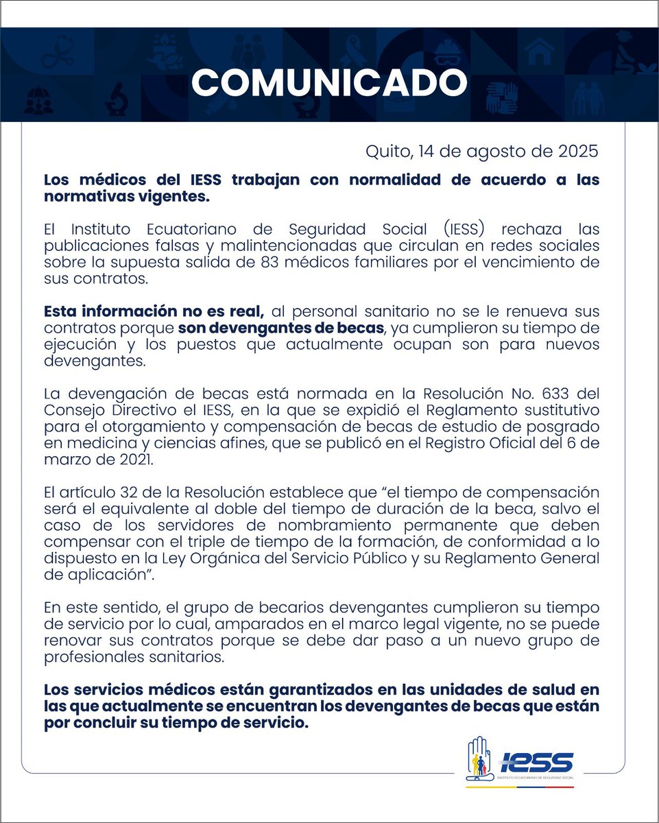 Ante publicaciones sobre desvinculación de 83 médicos familiares, el #IESScomunica ⬇️