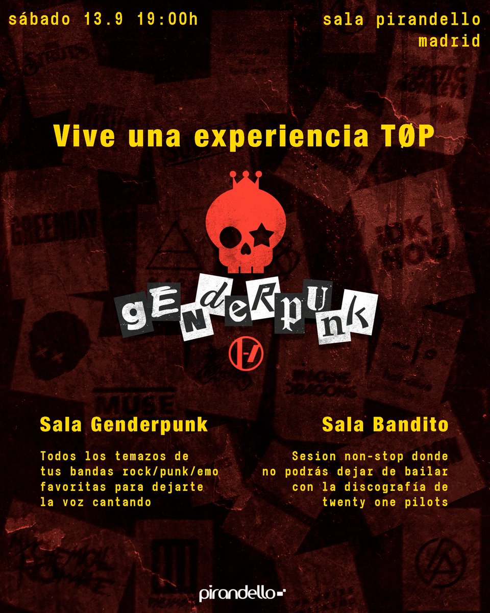 SATINE_jpeg's tweet photo. ‼️MADRID‼️

Genderpunk vuelve para traer una experiencia TØP por el lanzamiento de Breach, el nuevo disco de twenty one pilots |-/

Ven a darlo todo con tu música favorita en una tarde inolvidable 🎸 

📅 13.09 19h
📍 Sala Pirandello, Madrid
🎟️ https://t.co/pJNZdspzrg https://t.co/5ERNyyfpjC