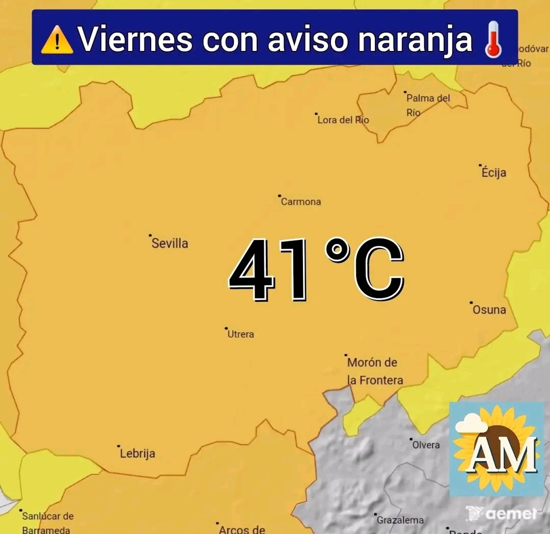ArahalMeteo's tweet photo. 📣Un día más se registran temperaturas extremas, hoy en Arahal la máxima ha sido de 42.9°C🌡
➡️Viernes se presenta con⚠️ aviso naranja ⚠️, por máximas de 41°C, aunque muy posiblemente en nuestra zona brindemos los 42°C.
➡️Las temperaturas mínimas sin cambios. https://t.co/4a5U2GVdy3
