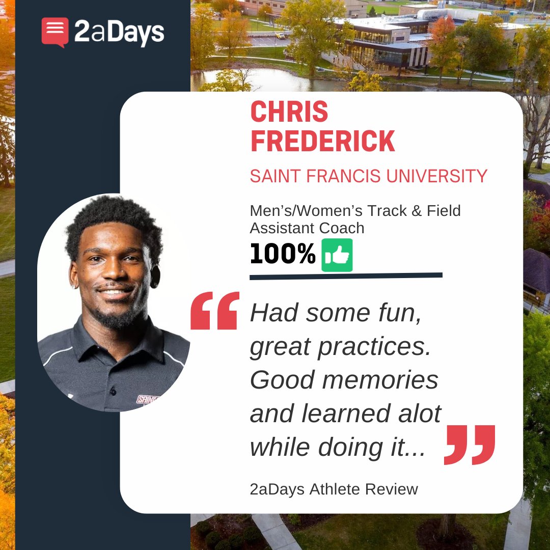 Chris Frederick, is a former member of @sfuathletics #trackandfield team and now serves as an assistant coach. He received his first #2aDays review today from an athlete who writes that he's a "Great Guy and Better Coach". Read the review &amp; #rateyourcoach: bit.ly/3Hz0rjG