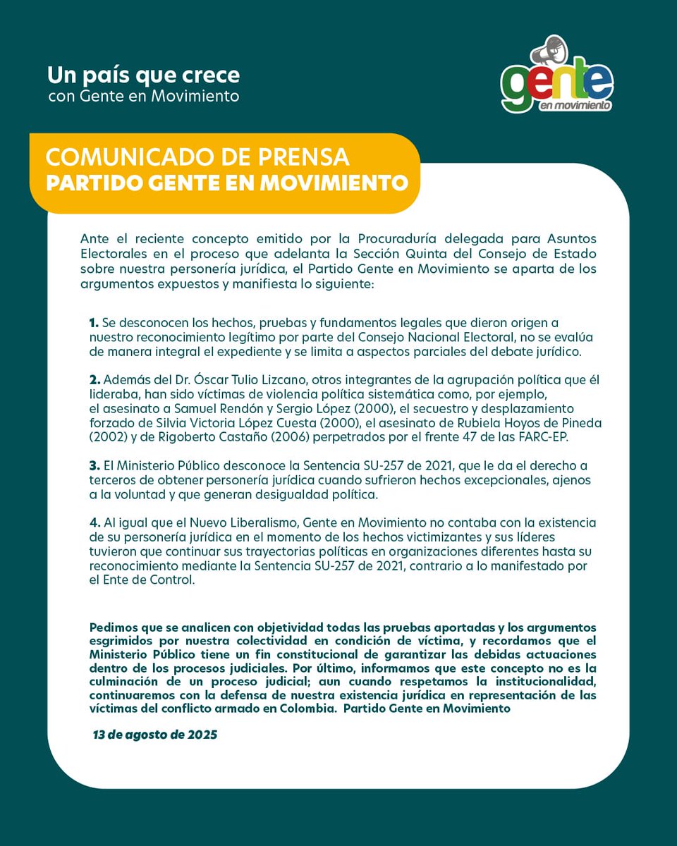 <a href="/Gentemovimient0/">Gente en Movimiento</a> <a href="/Gentemovimient0/">Gente en Movimiento</a> 📢 Respetamos las instituciones, pero consideramos que el reciente concepto de la Procuraduría sobre nuestra personería jurídica no valora en su totalidad las pruebas aportadas ni reconoce el historial de violencia.

#DefendamosGenteEnMovimiento